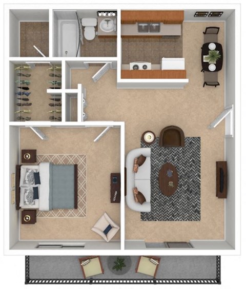 a stylized floor plan with a bedroom and living room
